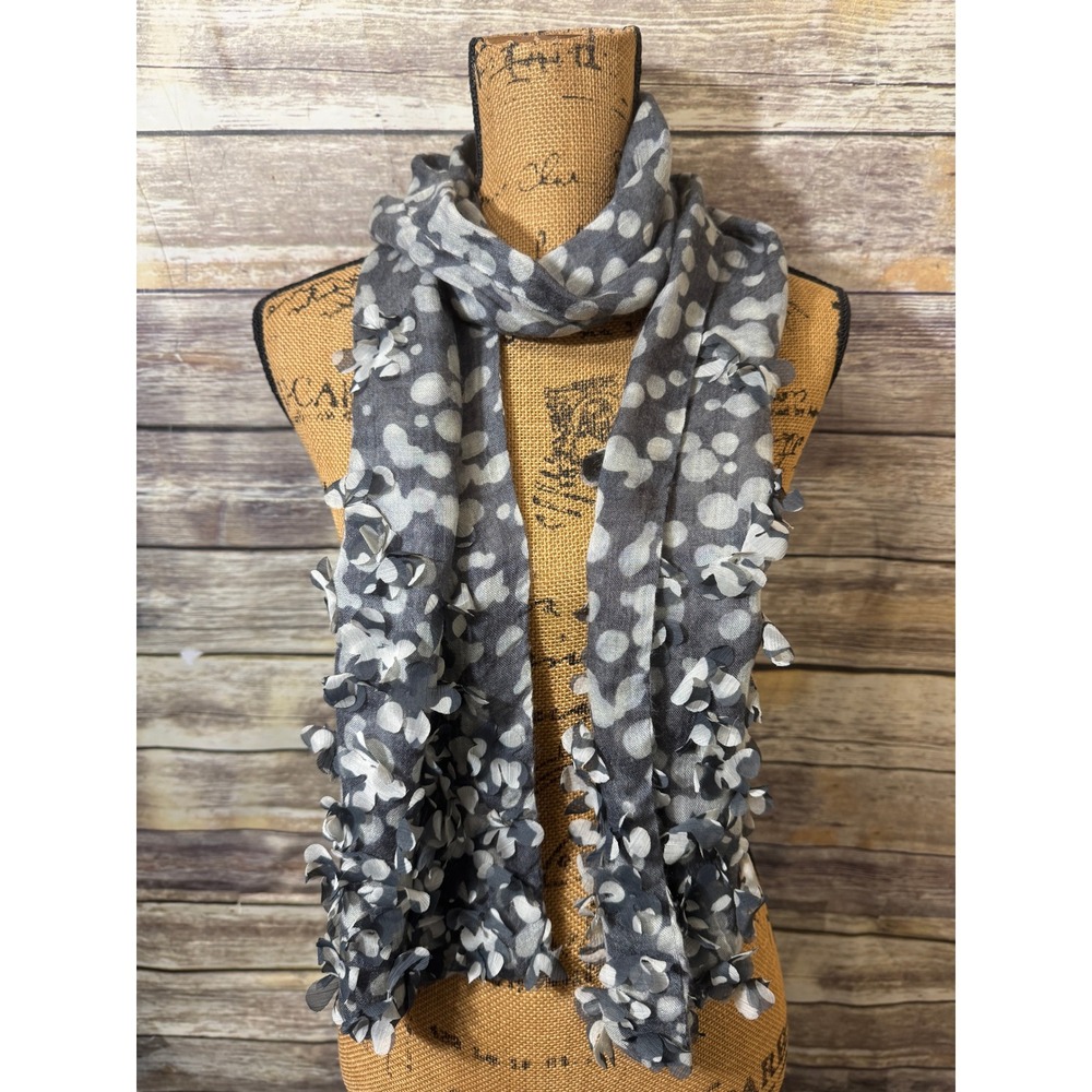 Grey White Abstract Polka Dot Scarf with 3D Floral Applique Accents Lightweight